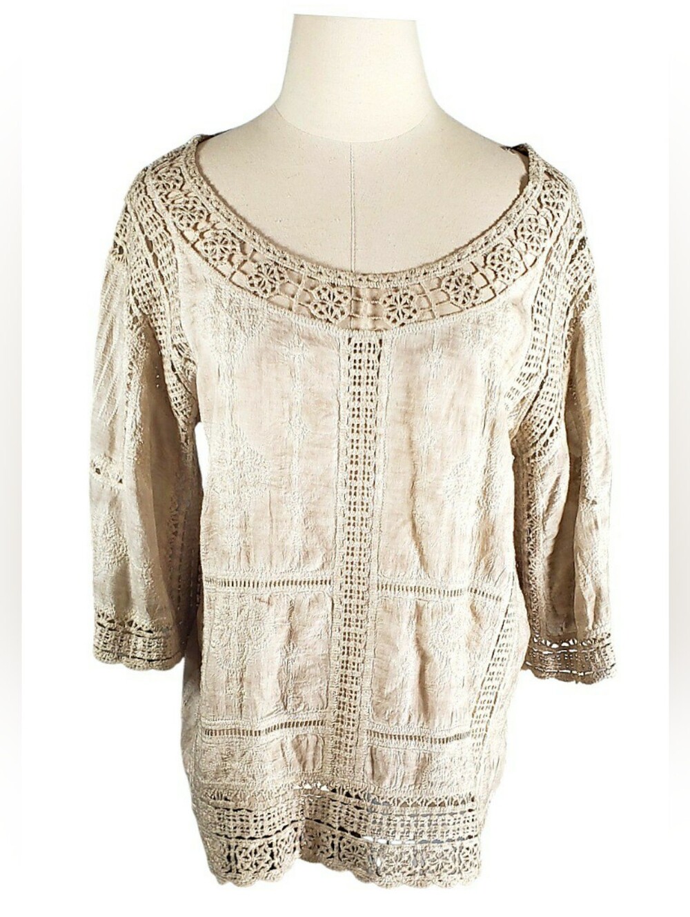 Democracy Cotton Boho Crochet Trim Cream Women's Peasant Top Cottage Neutral S
